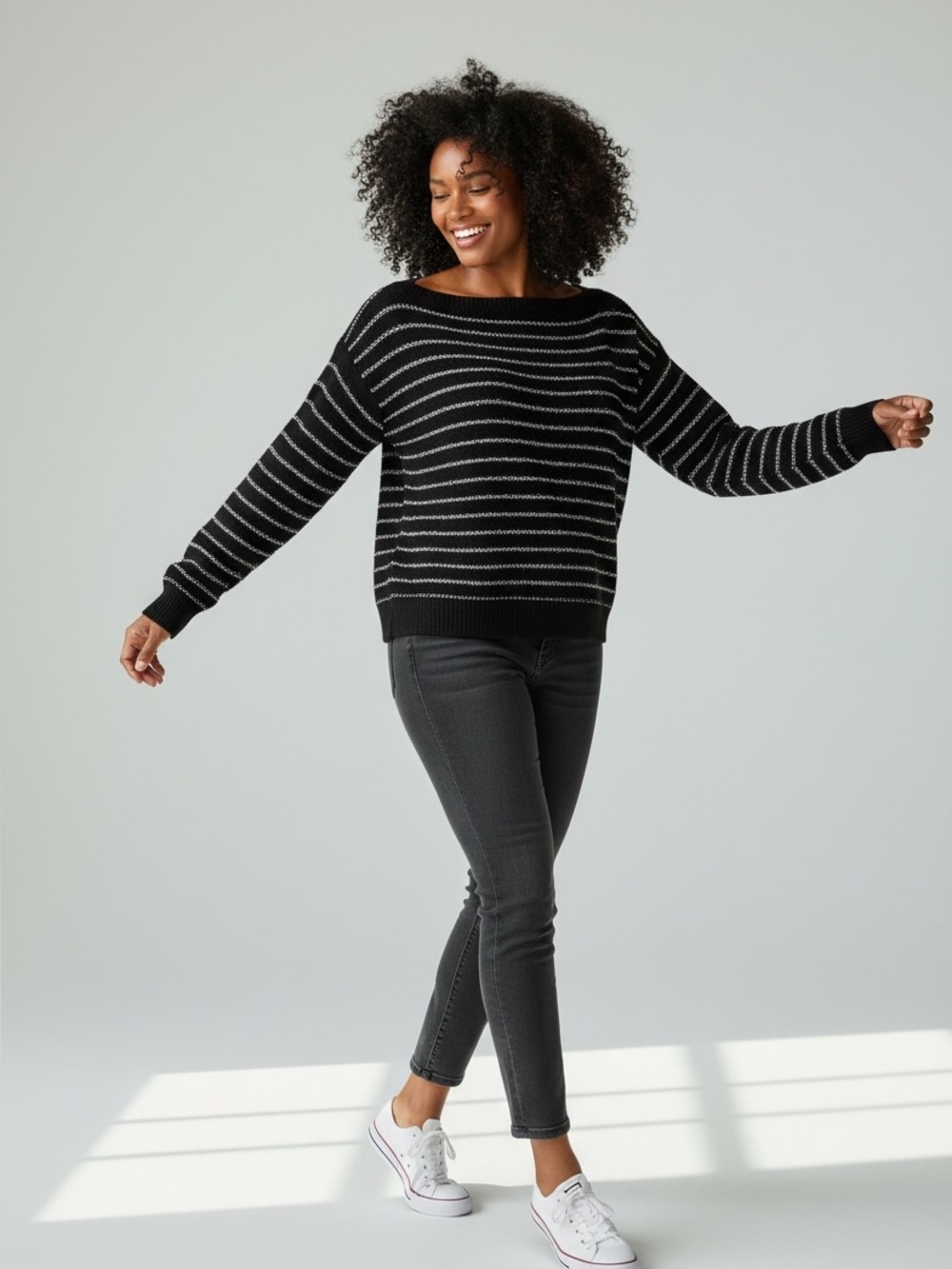 Ann Taylor Sequin Striped Black And White Sweater - New With Tags Size Large